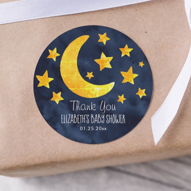 Moon and Stars Whimsical Baby Dusche Runder Aufkleber (Von Creator hochgeladen)