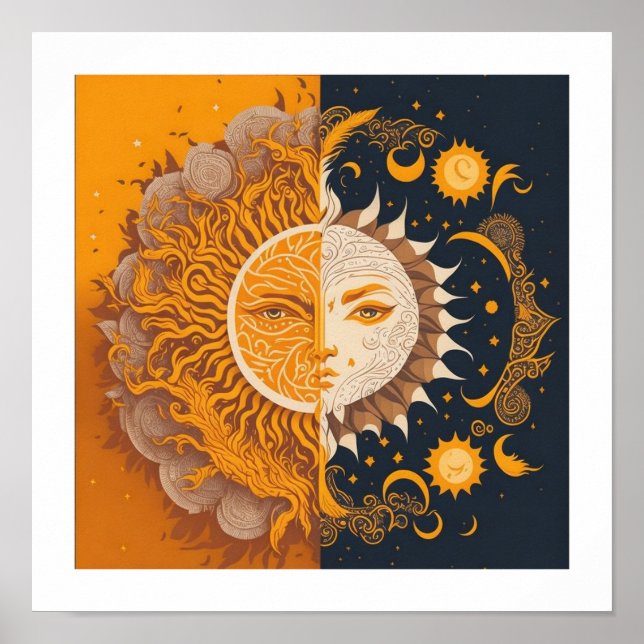 Moon and Sun , esoterisch, Astrologie Boho Fan Poster (Vorne)