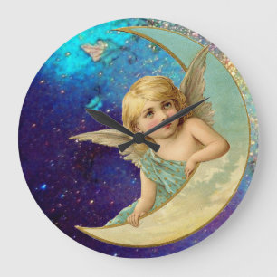MOON ANGEL IN GOLD BLUE SPARKLES GROßE WANDUHR