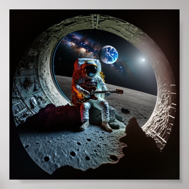 Moon Astronaut spielt Gitarre Poster (Vorne)