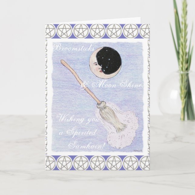 Moon & Broom Spirited Samhain Pentagramm Feiertagskarte (Vorderseite)