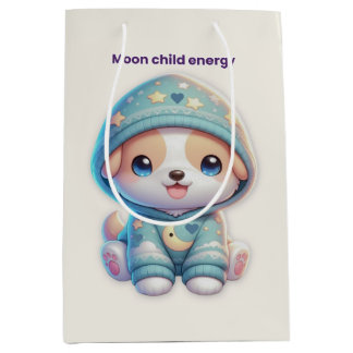 Moon Child Energy Cute Dog Gift Bag – Beige Cozy Mittlere Geschenktüte