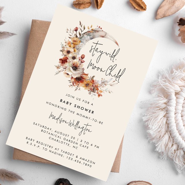 Moon Child Neutral Boho Florals Baby Dusche Einladung (Von Creator hochgeladen)