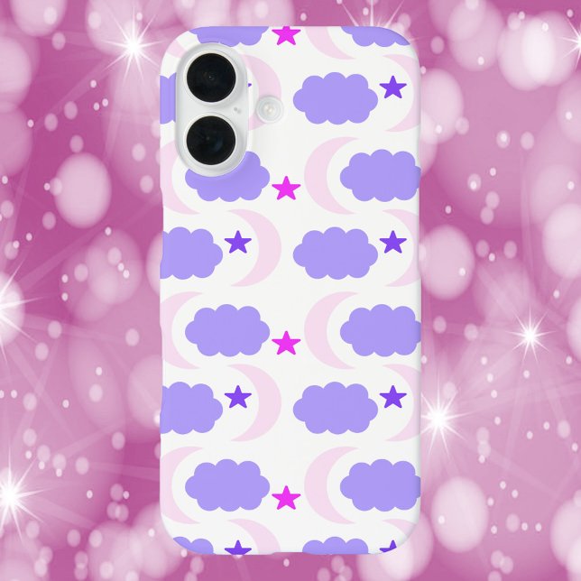 Moon Cloud Stars Dunkles Lila rosa Muster Case-Mate iPhone Hülle (A phone case with a moon, cloud and star pattern in various shades of purple.)
