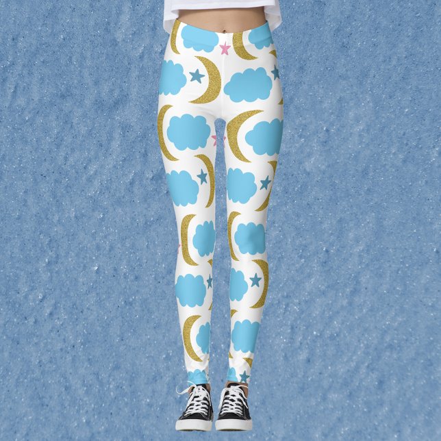 Moon Cloud Stars Imitats Gold Glitzer Muster Leggings (A pair of leggings with gold moons, blue clouds and pink stars!)