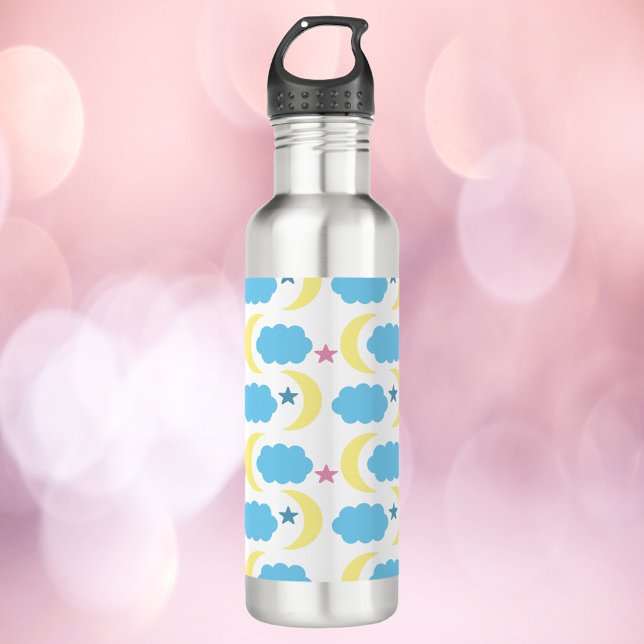 Moon Clouds Stars Gelbes blaues Muster Edelstahlflasche (A cute water bottle with a moon, cloud and star pattern in yellow, pink and blue)