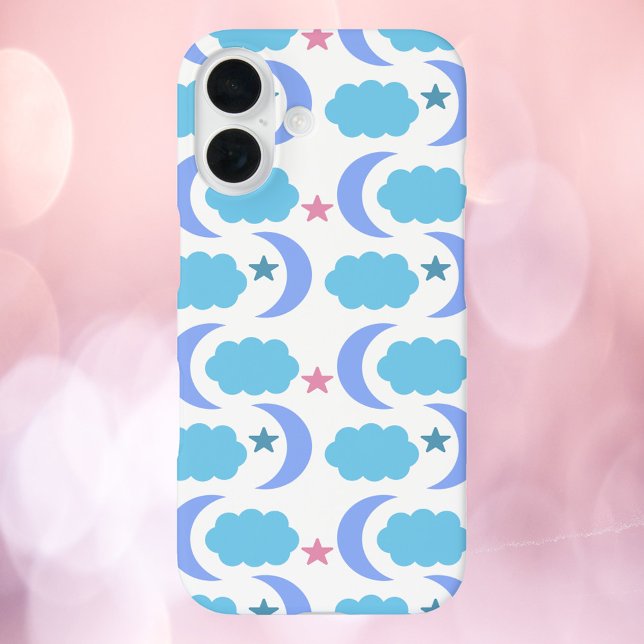 Moon Clouds Sternmuster Blau Lila Case-Mate iPhone Hülle (A cell phone case with a pattern of purple moons, blue clouds and pink stars)