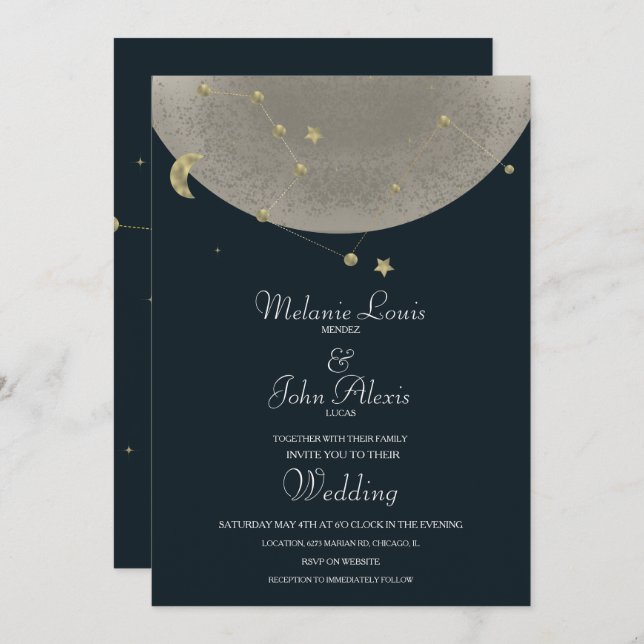 Moon Constellation Gold Celestial Blue Wedding Einladung (Vorne/Hinten)