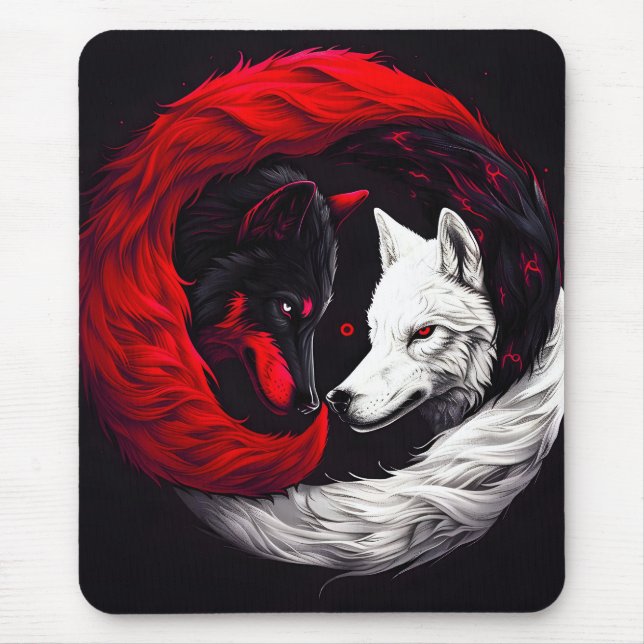 Moon Crimson Red White Wolf Mousepad (Vorne)