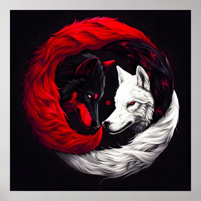 Moon Crimson Red White Wolf Poster (Vorne)