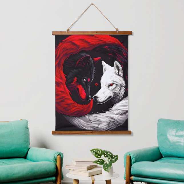 Moon Crimson Red White Wolf Wandteppich Mit Holzrahmen (Wohnzimmer)