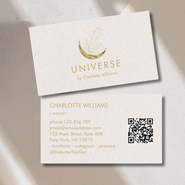 Moon Crystal Energy Healer QR-Code Visitenkarte (Moon Crystal Energy Healer QR-Code Business Card - Beige Gold)