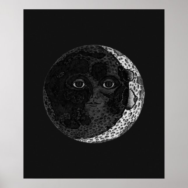 Moon Face Crescent Hand Drawn Ink Illustration Poster (Vorne)