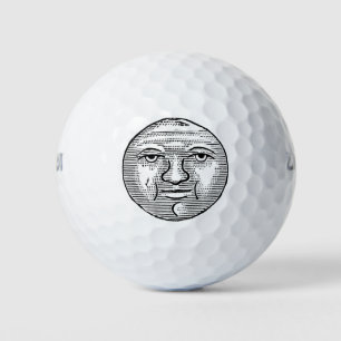 Moon Face Eyes Sky Night Vintage Schwarz-weiße Alt Golfball