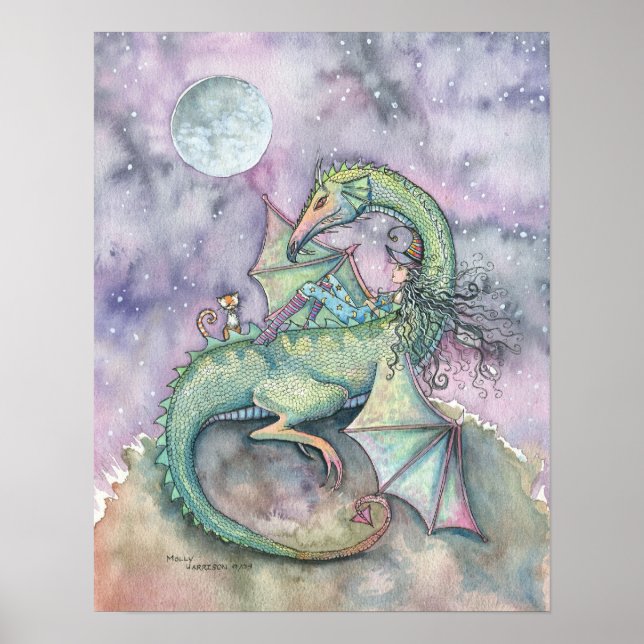 Moon Gazing Witch Dragon Cat Poster (Vorne)