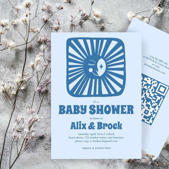 Moon Glow Boho Moderne Niedliche QR Babydusche Einladung (Moon Glow Boho Modern Cute Custom QR Baby Shower Invitation
)