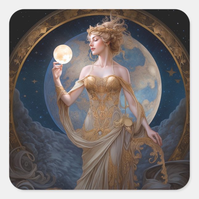 Moon Goddess Queen Fantasy Art Quadratischer Aufkleber (Vorderseite)