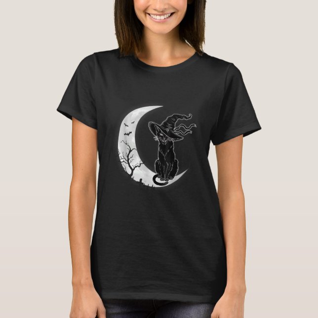 Moon Halloween Beängstigend Black Cat Kostüm Hexen T-Shirt (Vorderseite)