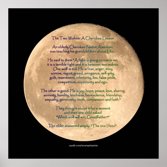 Moon Image with 2 WOLVES CHEROKEE TALE Art Poster (Vorne)