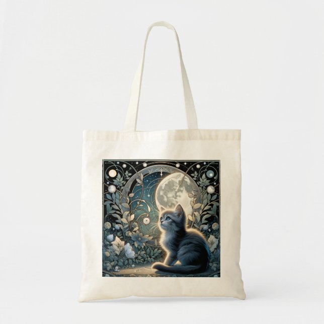 Moon Kitten Blue Night Jugendstil Tragetasche (Vorne)