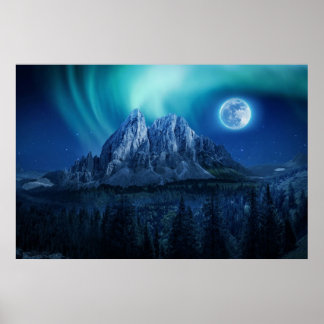 Moon Lit Mountain Night Poster
