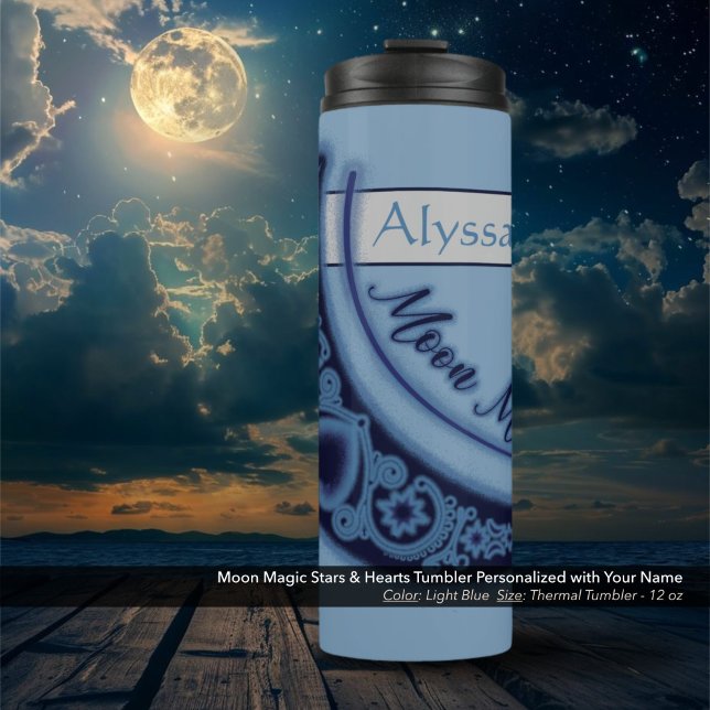 Moon Magic Stars Herz Himmelsname Light Blue Thermosbecher (Moon Magic Stars and Hearts Celestial Light Blue Thermal Tumbler Personalized with Your Name.)