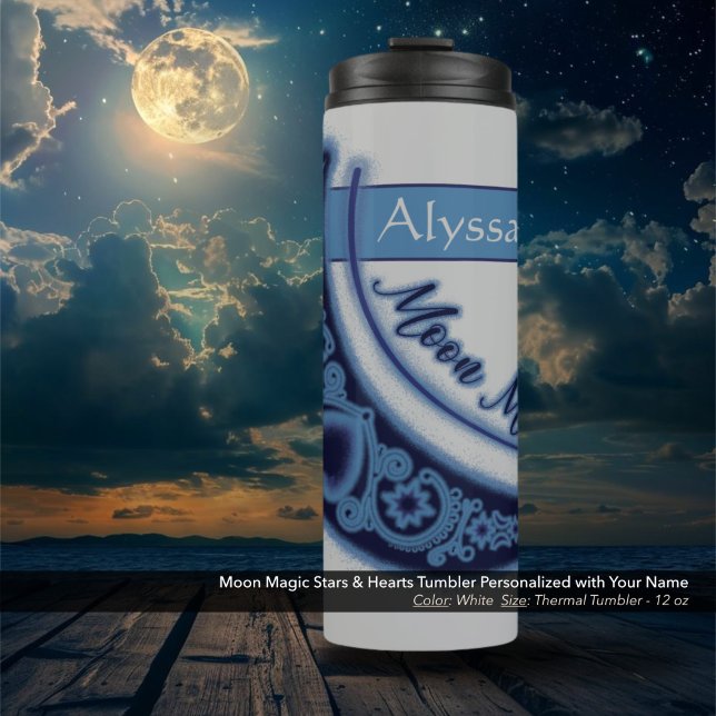 Moon Magic Stars Herz Himmelsname Weiß Thermosbecher (Moon Magic Stars and Hearts Celestial White Thermal Tumbler Personalized with Your Name.)