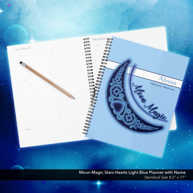 Moon Magic Stars Herz Liebe Planer (Moon Magic/Celestial Love Stars and Hearts Light Blue Planner with Your Name.)