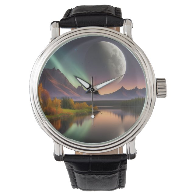 Moon over Mountain Landschaft Armbanduhr (Vorderseite)