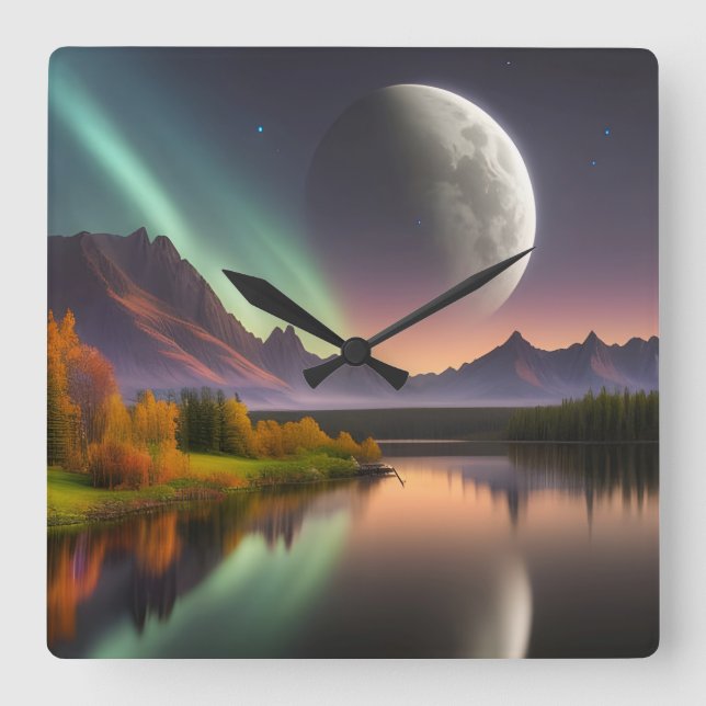 Moon over Mountain Landschaft Quadratische Wanduhr (Vorderseite)