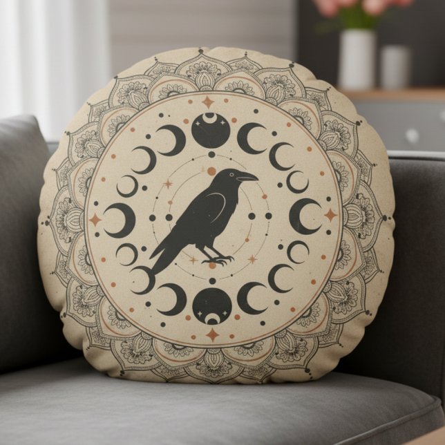 Moon Phase Raven Mandala Rundes Kissen (Celestial Raven Pillow)