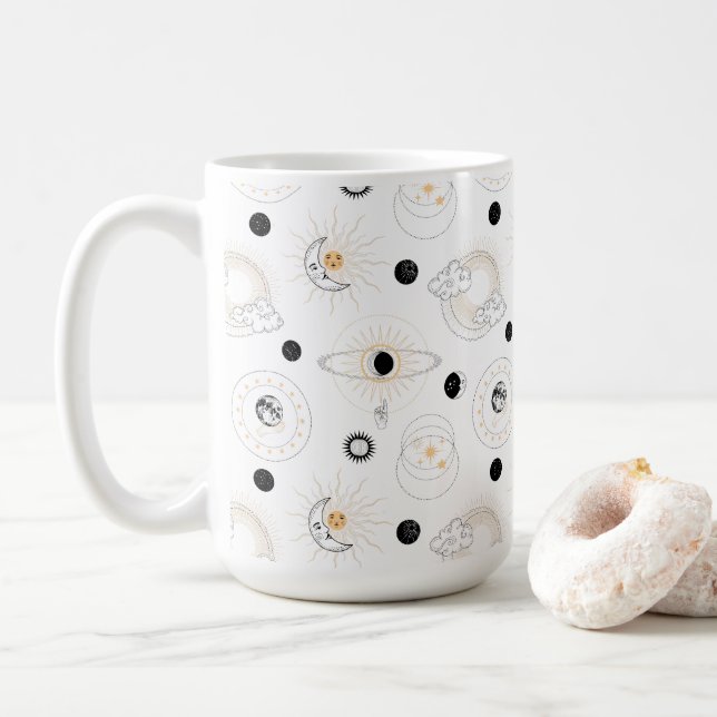 Moon-Phasen sonnenstilisierte Retro-Vintage Planet Kaffeetasse (Mit Donut)
