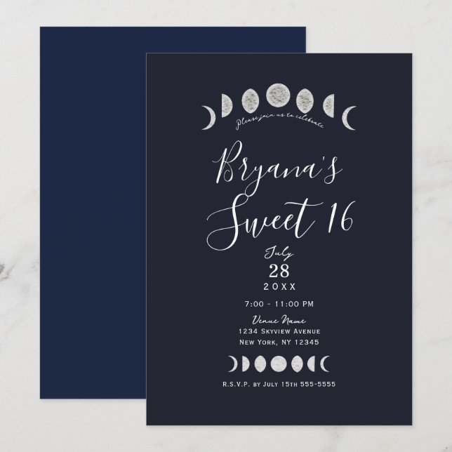 Moon Phases Blue Astrology Celestial Sweet 16 Einladung (Vorne/Hinten)