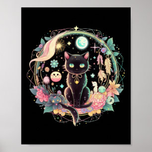 Moon Phases Crystal Witchy Niedlich Black Cat Kawa Poster