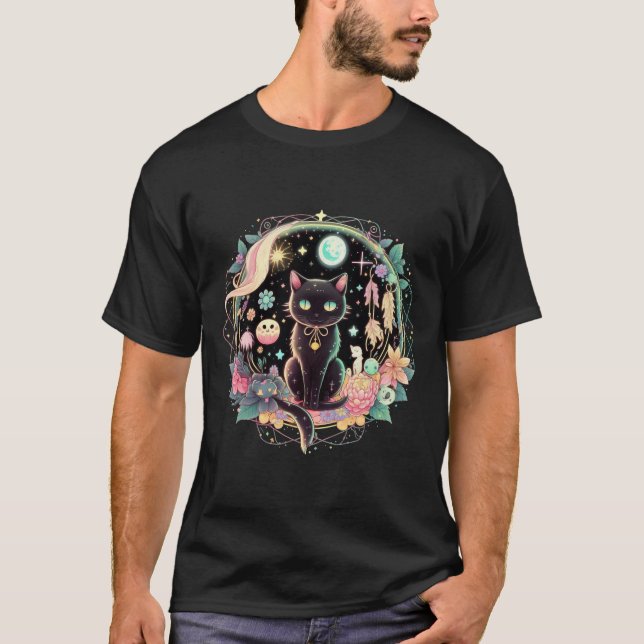Moon Phases Crystal Witchy Niedlich Black Cat Kawa T-Shirt (Vorderseite)