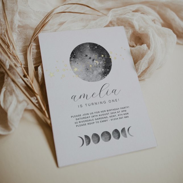 Moon Phases Gold Stars Birthday Gold Folieneinladung (Von Creator hochgeladen)