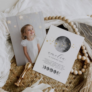 Moon Phases Gold Stars Photo Birthday Invitation Einladung