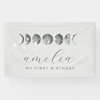 Moon Phases White Stars Banner