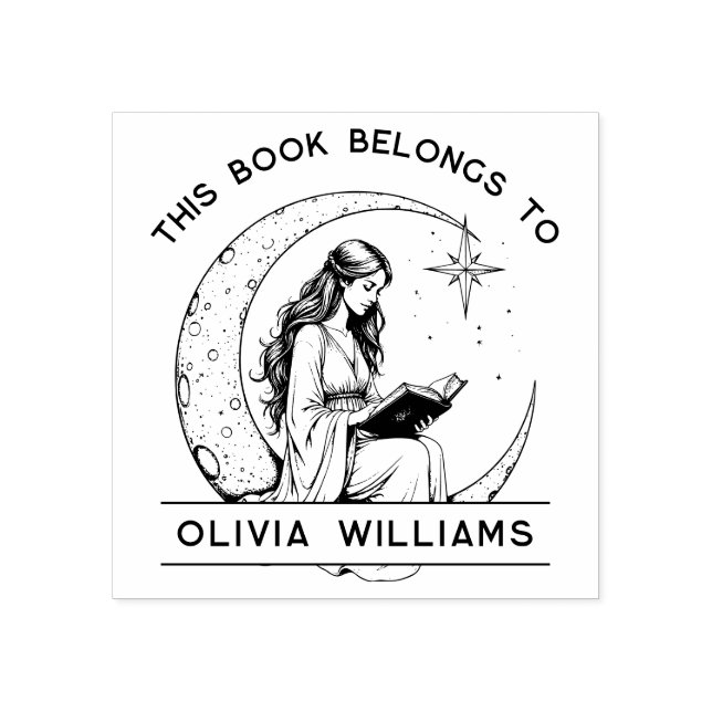 Moon Princess Crescent Moon Reading Ex Libris Gummistempel (Prägung)