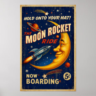 Moon Rocket Ride Vintage Poster - Retro