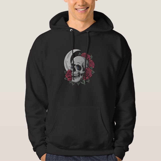 Moon Rose Skull Gothic Illustration Emo Death Meta Hoodie (Vorderseite)