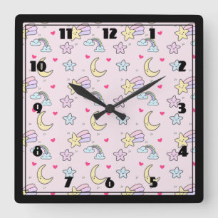 Moon, Stars and Clouds Pattern on Pink Quadratische Wanduhr