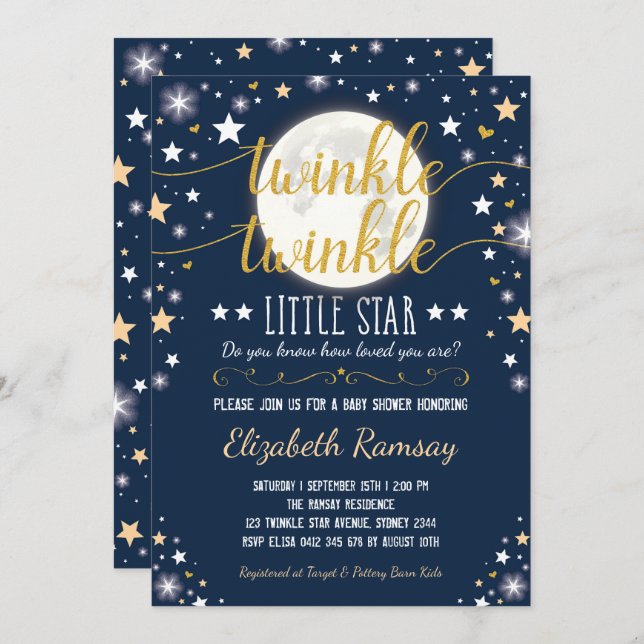 Moon & Stars Babydusche Navy Gold Twinkle Twinkle Einladung (Vorne/Hinten)
