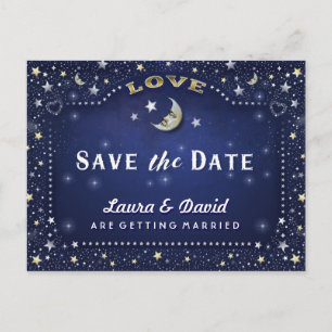 Moon & Stars Blue Gold & White Rett Date Postcard Ankündigungspostkarte