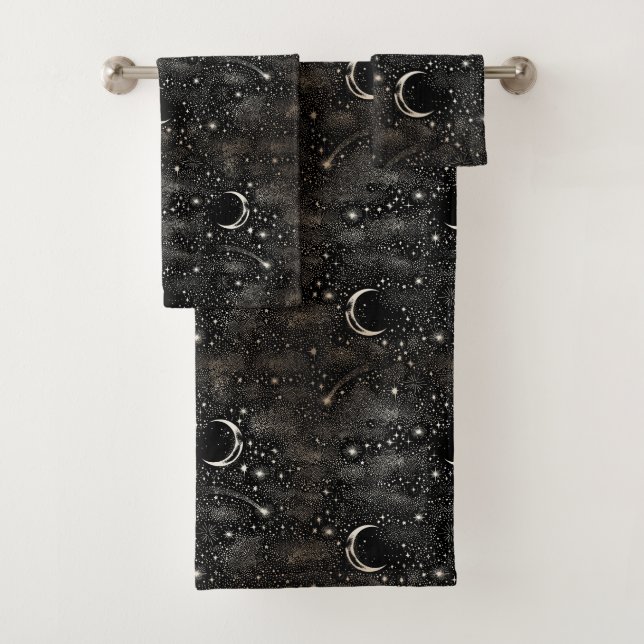 Moon Stars Celestial Black Badhandtuch Set (Insitu)
