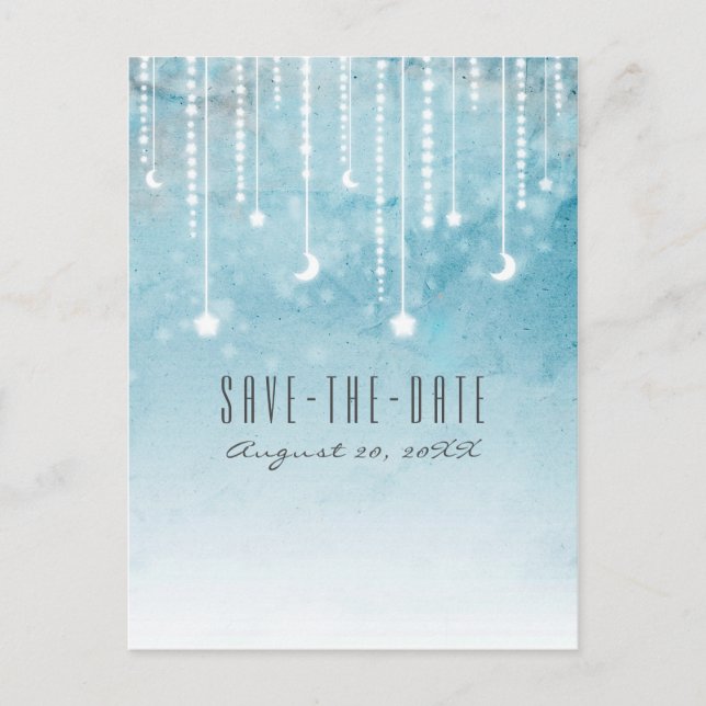 Moon & Stars Celestial Blue Modern Save the Date Ankündigungspostkarte (Vorderseite)