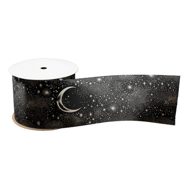 Moon Stars Celestitical Mystical Starry Night Blac Satinband (Spule)