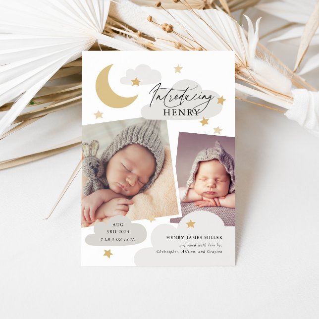 Moon Stars Clouds Collage Foto Grau Cloud Birth Ankündigung (Von Creator hochgeladen)