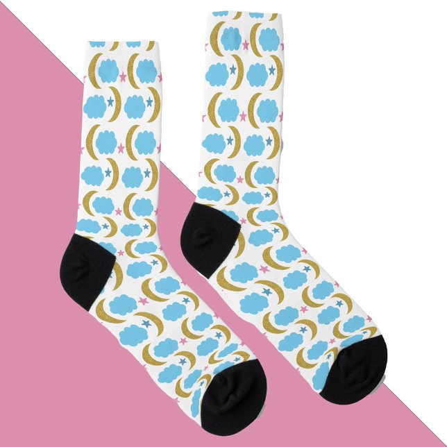 Moon Stars Clouds Imitats Gold Glitzer Blue Socken (A pair of socks with crescent moons, stars and clouds!)