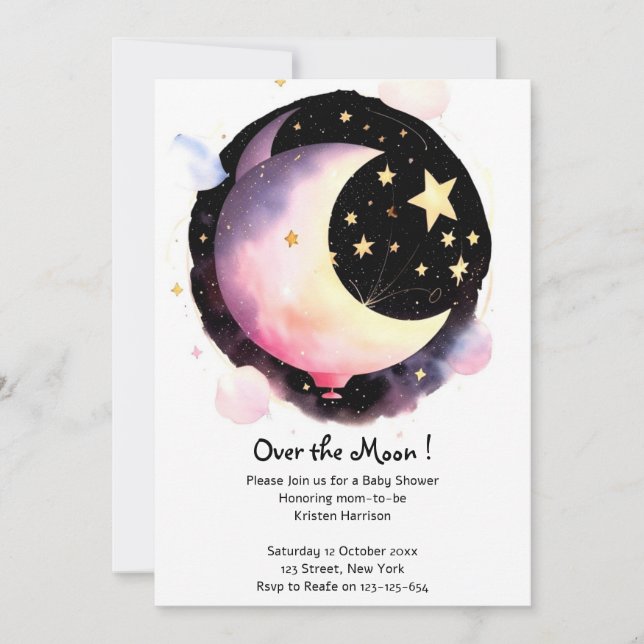 Moon & Stars Dreams: Baby Girl Celestial Shower Einladung (Vorderseite)